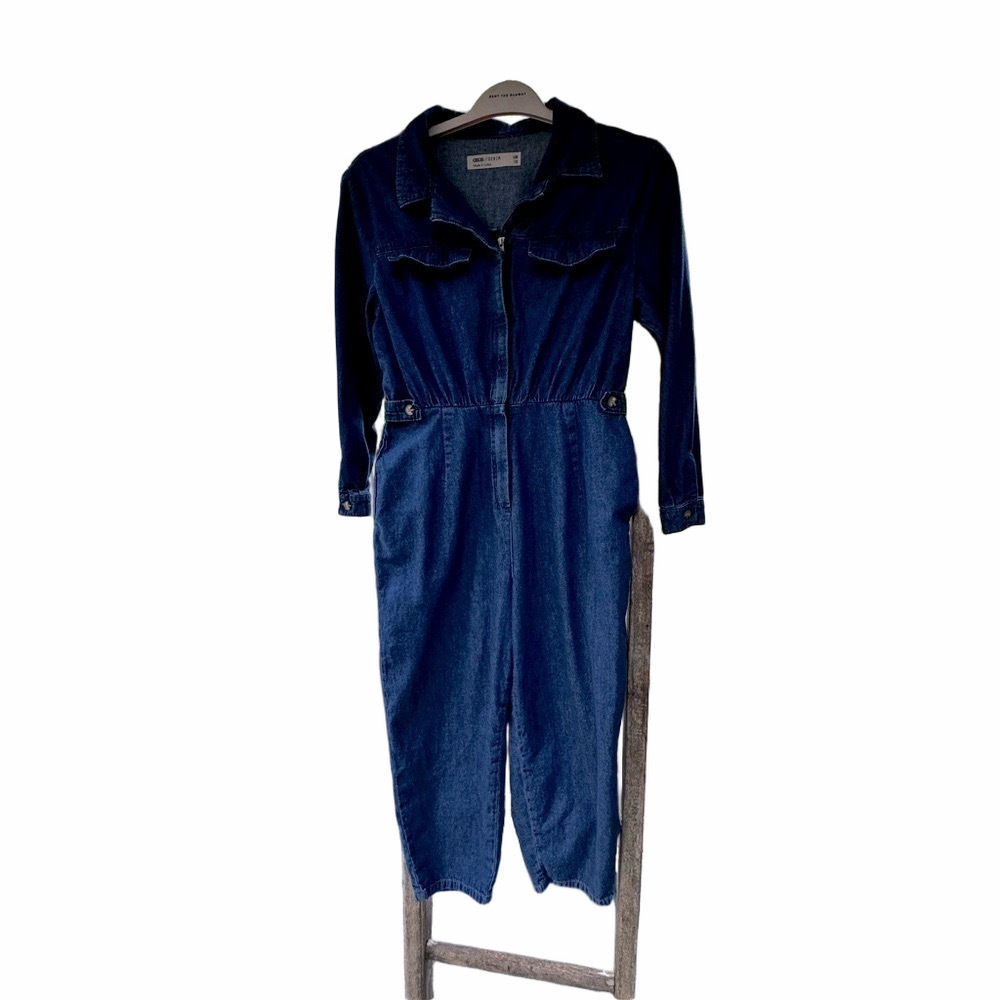NWOT Rare ASOS Denim Jean Jumpsuit Romper with front zipper and button detail